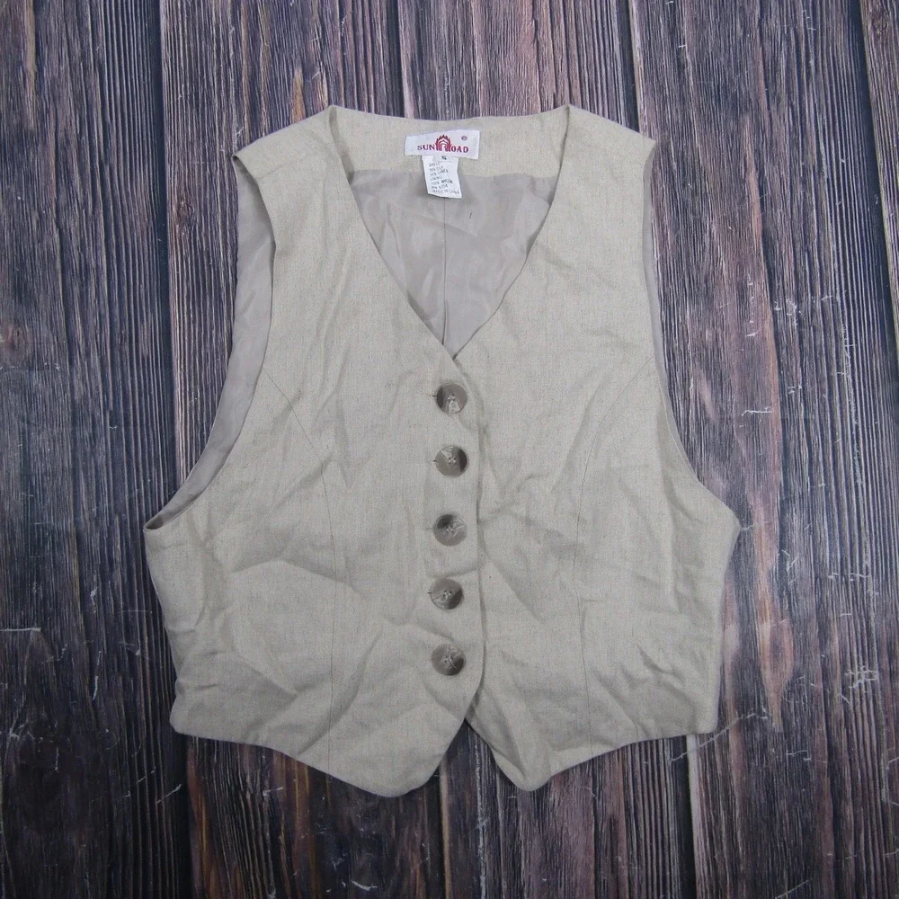 Sun Road Vest Mens S Beige‎ Silk Linen 5-Button Dress Formal Suit Waistcoat